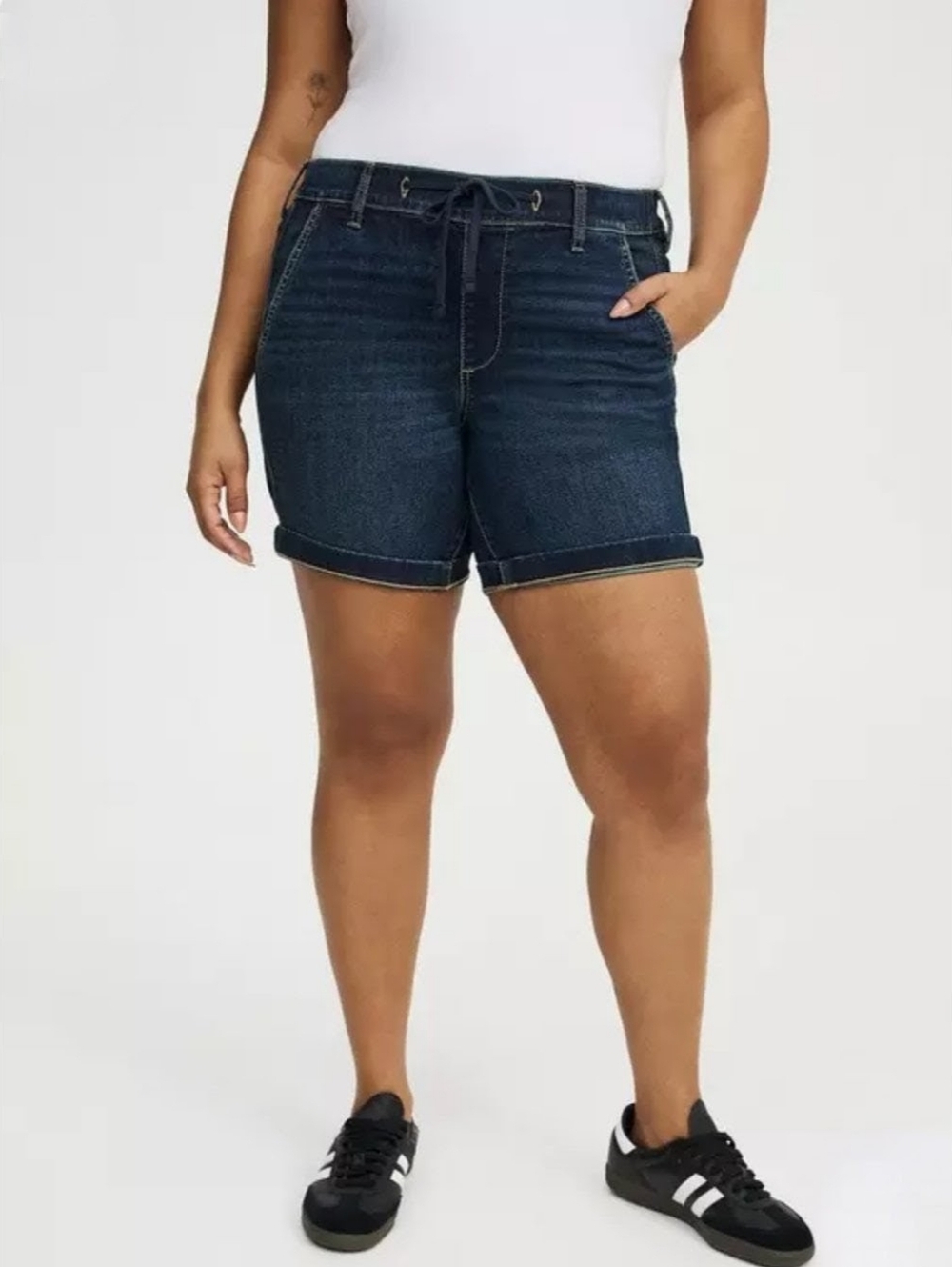 Dark Wash Denim Shorts - Women's Casual Drawstring